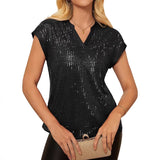 Womens Sequin V-Neck Short-Sleeve Party Top Shirt