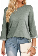 Fashionable Three-Quarter Sleeve Contrast-Piece Panel T-Shirt