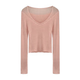 Tweed-Style Sheer Lace Trim V-Neck Lightweight Long Sleeve Inner Knit Top
