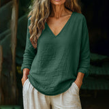 Fashionable Cotton-Linen Long-Sleeve V-Neck Top