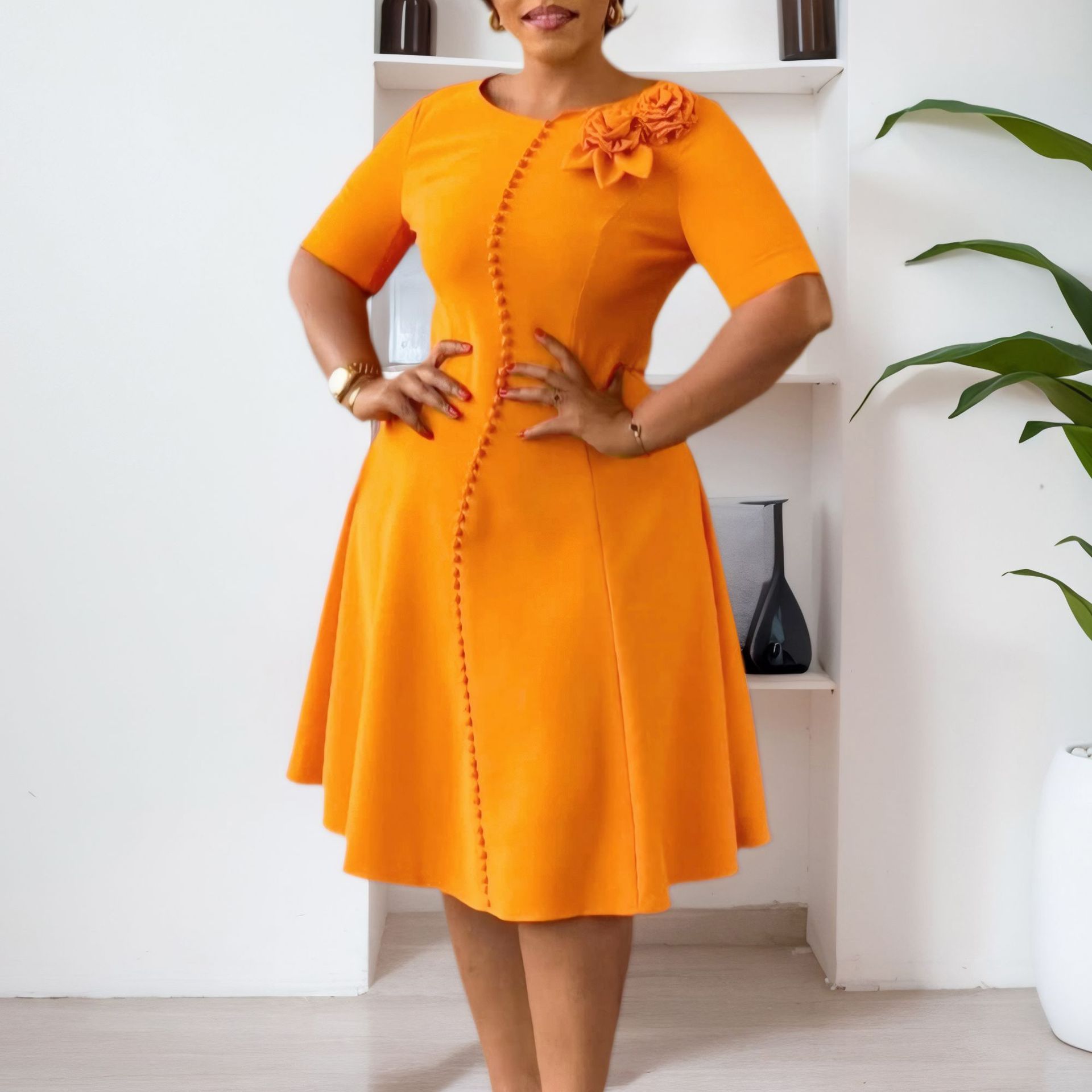 Women's Solid-Color Crew-Neck Elegant Dress