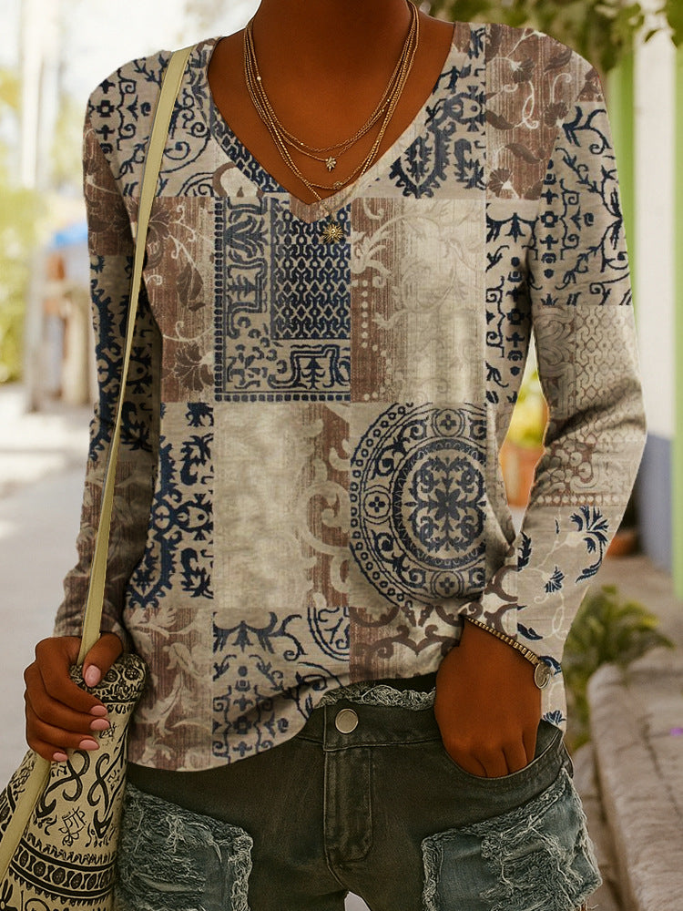 Fashionable Ethnic-Style Printed V-Neck Long-Sleeve T-Shirt