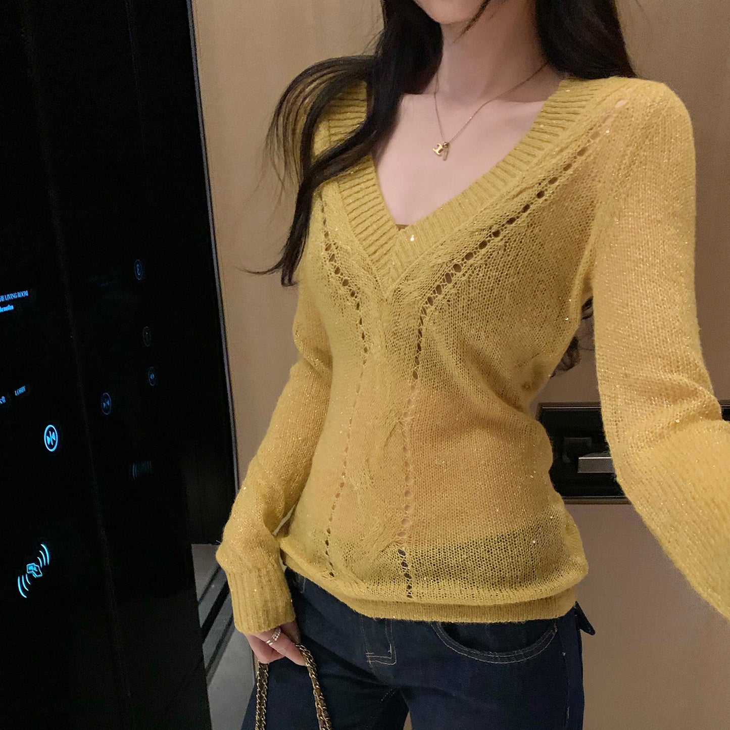 Sexy Deep V-Neck Knit Top with Hollow Lace-Up and Glitter Detail for Women