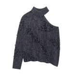 Women's new style shoulder opening hollow bead decoration asymmetrical knitted sweater