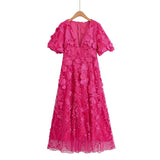 Three dimensional flower V-neck short sleeved long dress