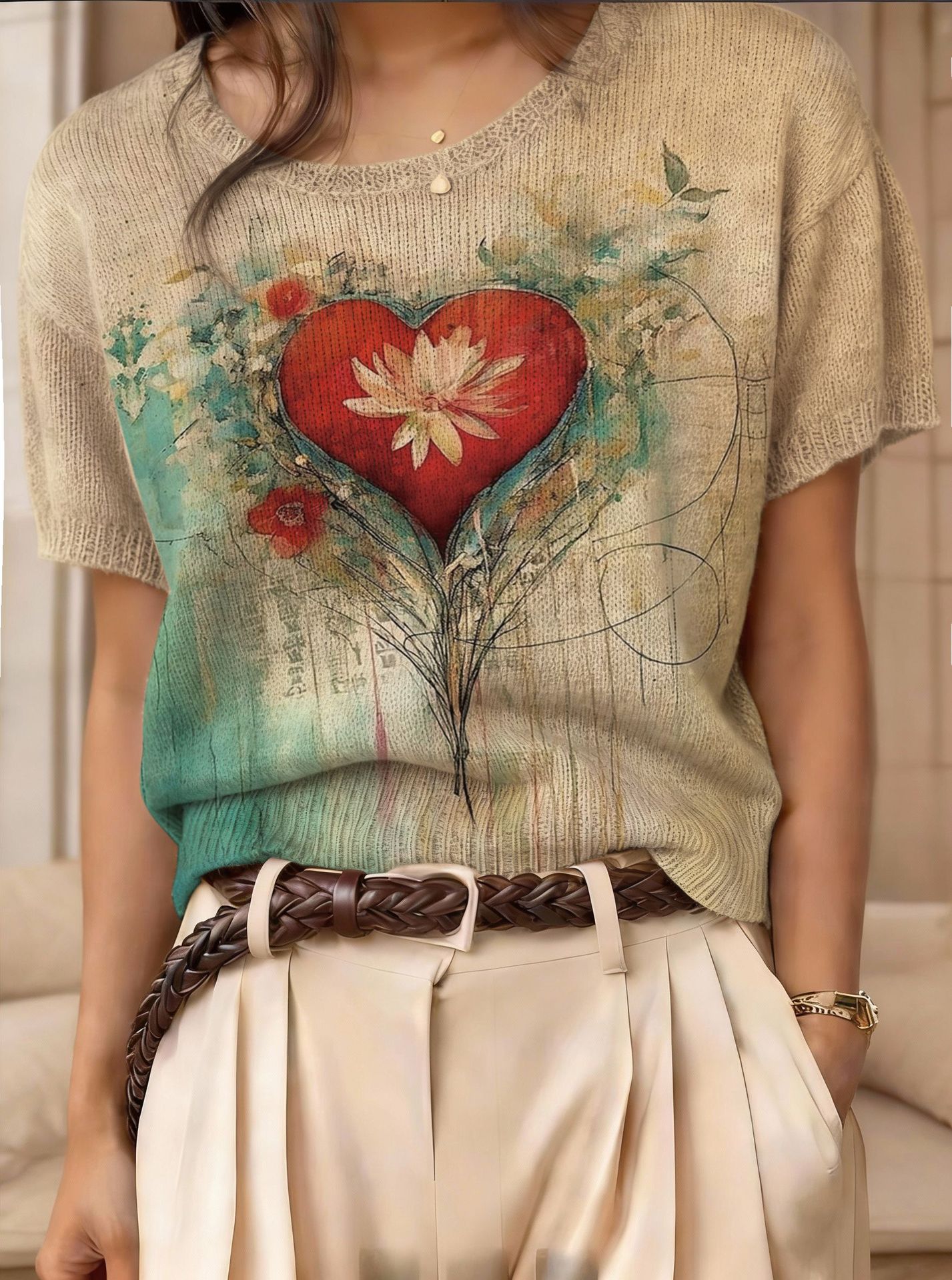Retro Short-Sleeve Sweater Contrast-Color Jacquard Knit Top