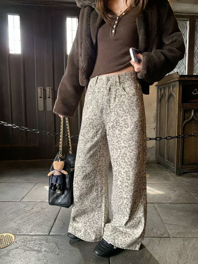 Leopard-print Vintage Distressed Casual Jeans