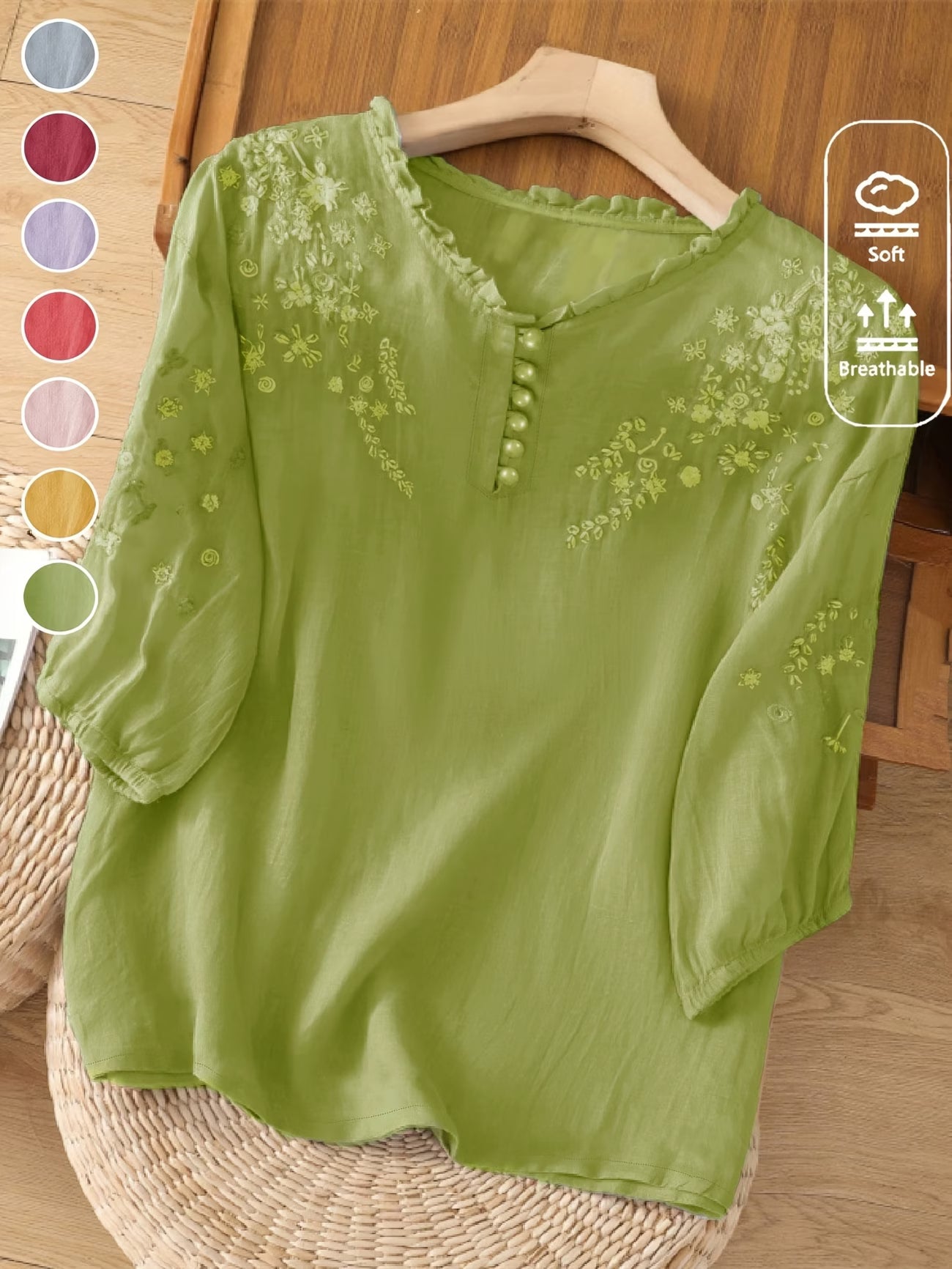 Women'S Loose-Fitting Vintage-Style Embroidered Shirt