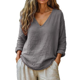 Fashionable Cotton-Linen Long-Sleeve V-Neck Top