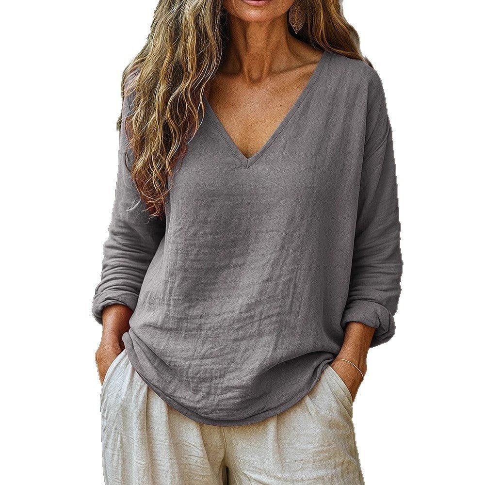 Fashionable Cotton-Linen Long-Sleeve V-Neck Top