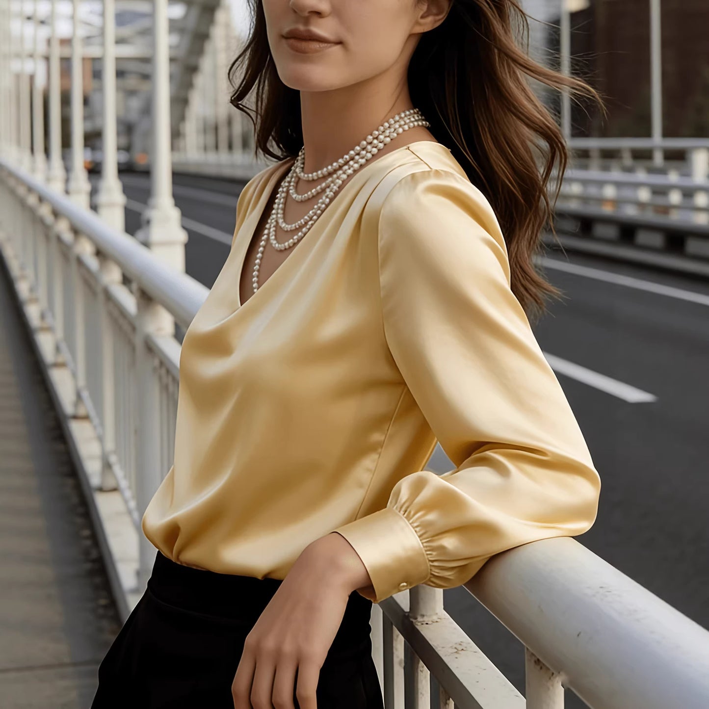 Women's Elegant Solid Color V-neck Long Sleeved Pleated Top With Temperament For Commuting And Loose Fitting Shirt