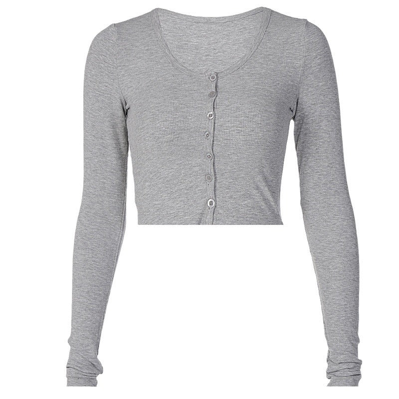 Women's Solid-Colored Single-Breasted Slim-Fit Long-Sleeve Top