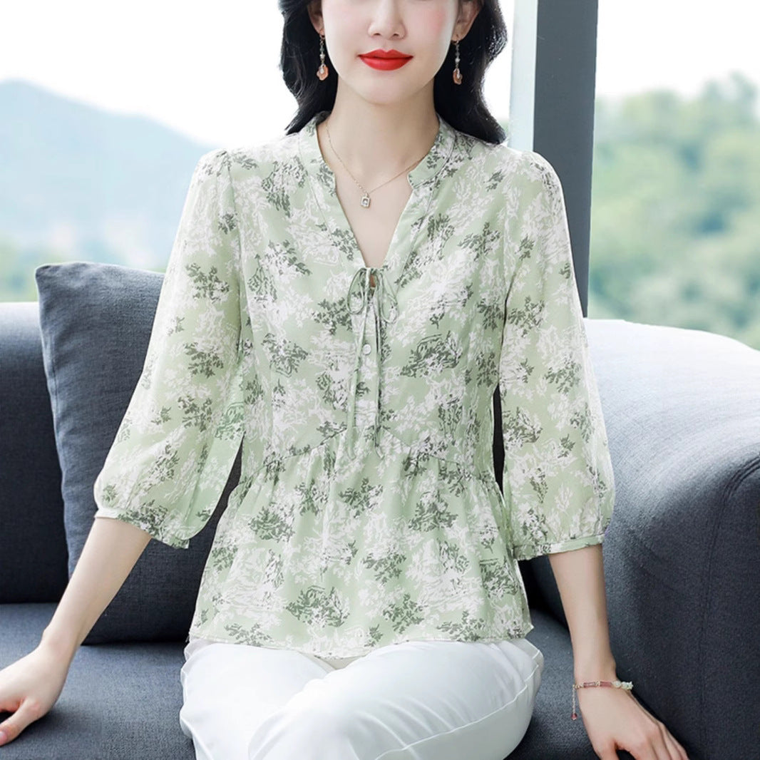 Sweet V-neck Floral Shirt Womens Summer New Stylish Design