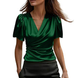 Women's Irregular Designer-Style Pleated Short-Sleeve Shirt
