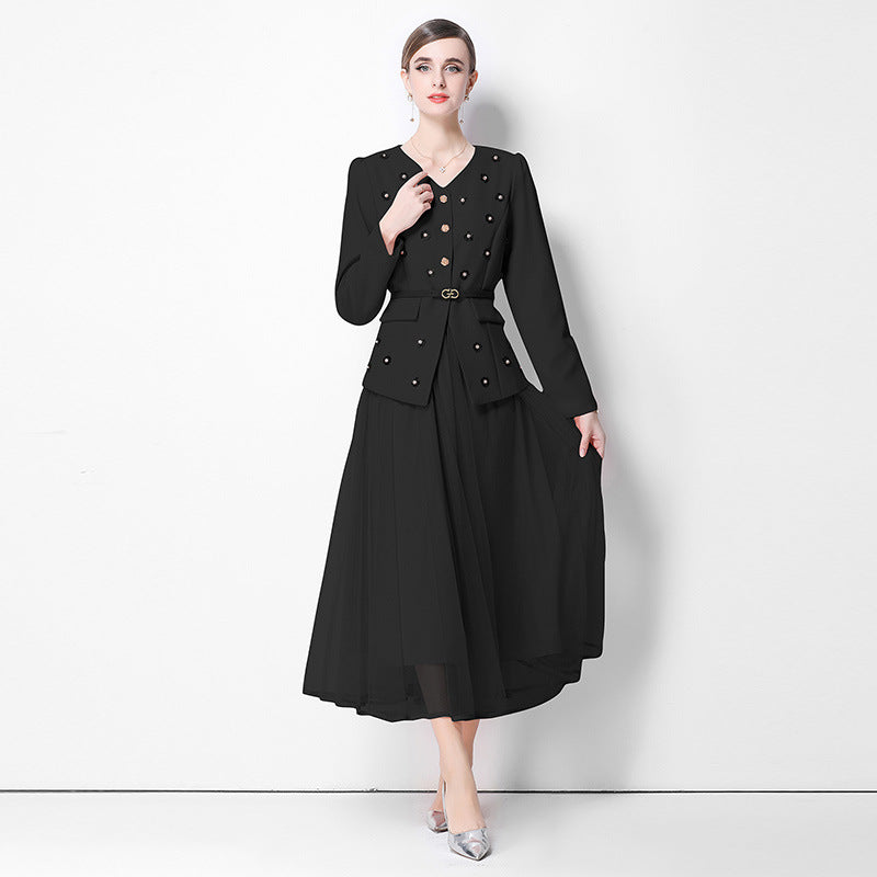 Metal Flower-Clasp Suit Waist-Cinching Slimming Coat And Mesh Long Skirt Two-Piece Set