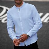 Mens SpringAutumn Small Stand Collar Striped Cardigan Solid Color Long-Sleeve Shirt