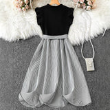 V-neck High-waisted Black-and-white Patchwork Dress