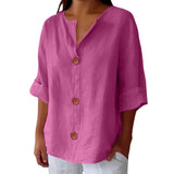 Women's V-neck cotton and linen buttoned blouse