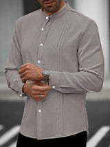 Mens SpringAutumn Small Stand Collar Striped Cardigan Solid Color Long-Sleeve Shirt