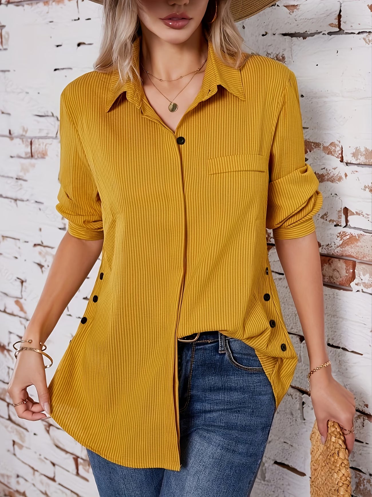 Women's Solid Color Striped Button-Up Faux