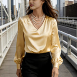 Women's Elegant Solid Color V-neck Long Sleeved Pleated Top With Temperament For Commuting And Loose Fitting Shirt