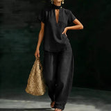 Solid-color Short-sleeve Casual Loose-fit Faux Denim Two-piece Set