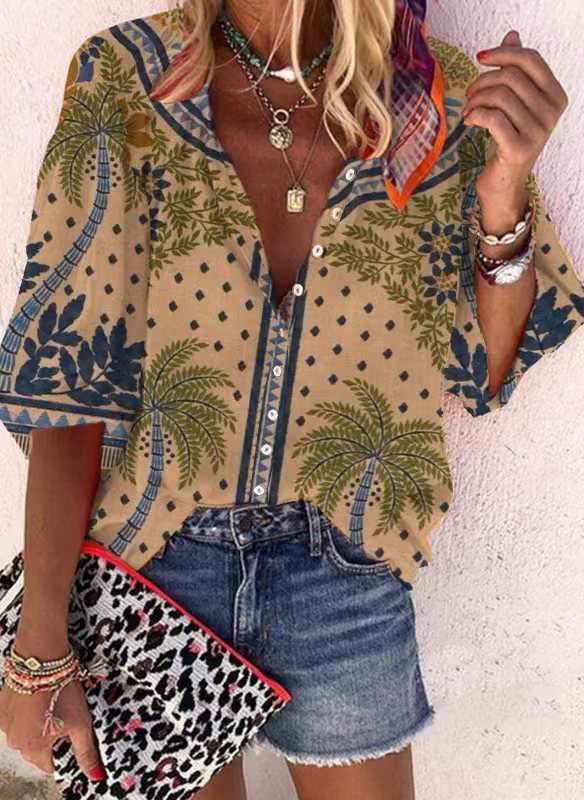 Loose-fit Button-up Retro Print Casual Shirt