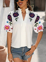 Pure Cotton V-neck Set-in-sleeve Turtleneck Top With Print And Solid Color