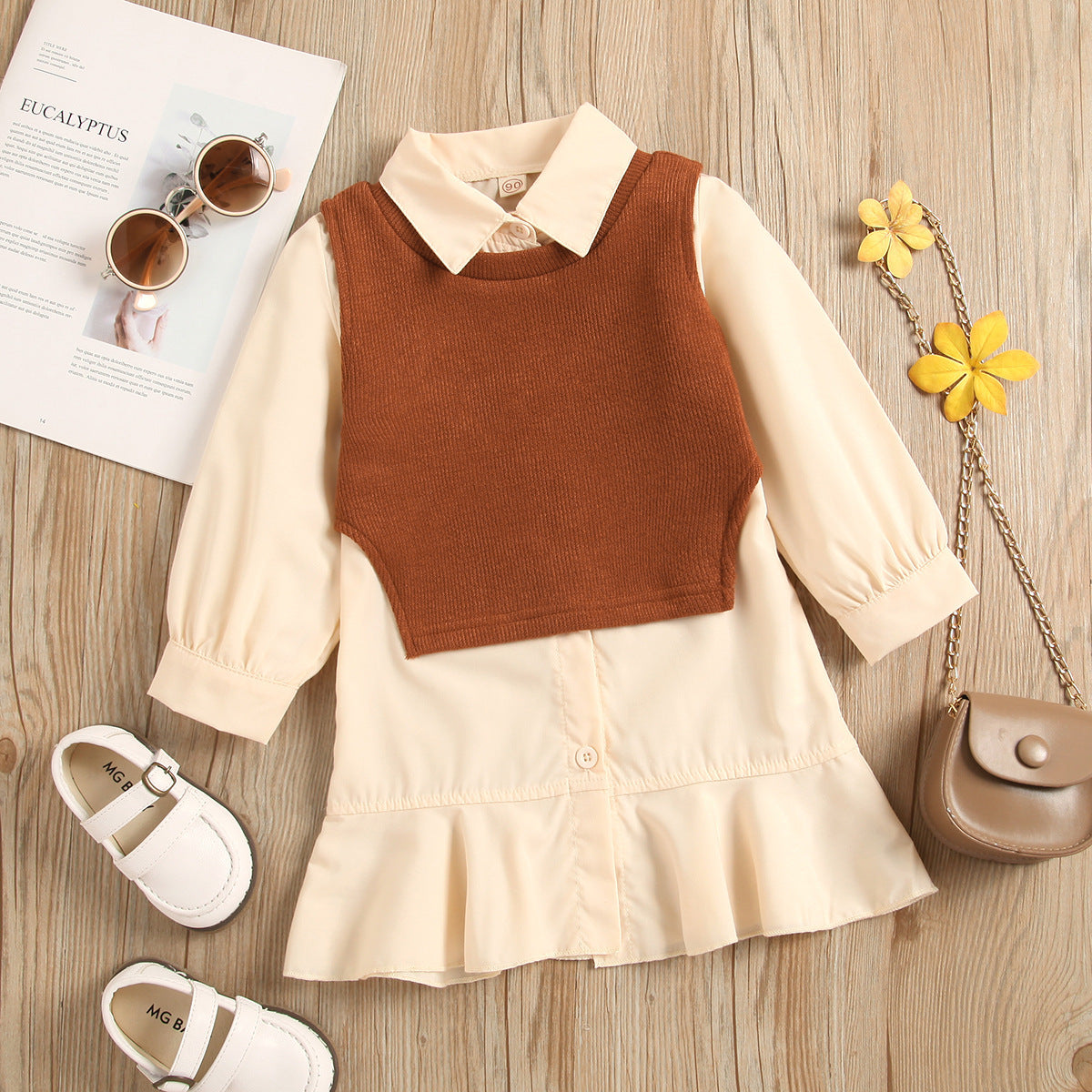 Lapel Long-sleeved Ruffled Princess Dress Knitted Vest And Two-piece Vest
