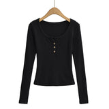 Round neck button long sleeved top