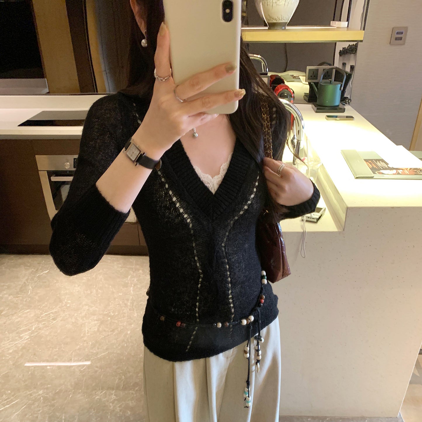 Sexy Deep V-Neck Knit Top with Hollow Lace-Up and Glitter Detail for Women
