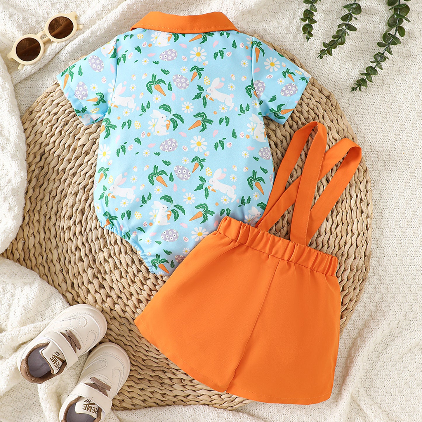 Printed Short-Sleeve Lapel Romper And Suspender Pants Set