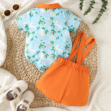 Printed Short-Sleeve Lapel Romper And Suspender Pants Set