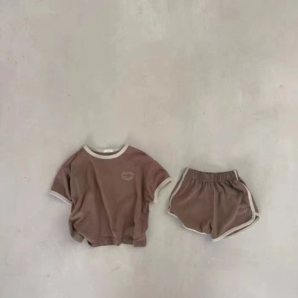 Solid Color Round Neck Short Sleeves Shorts Letter Baby Suit