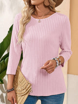 Women's Crew-Neck Ribbed Solid-Color Top With Three-Quarter Sleeves T-Shirt