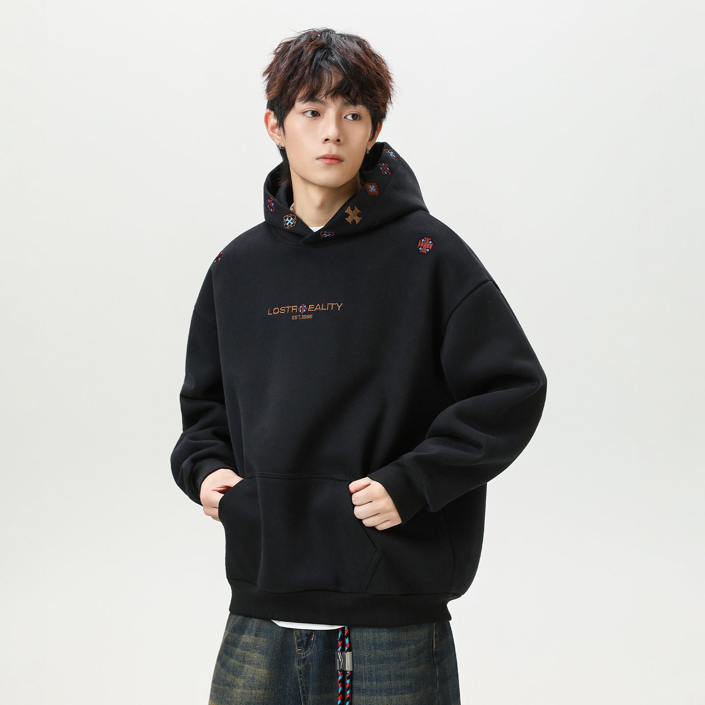 INS Ethnic-style Textured Embroidery Heavyweight Hooded Sweatshirt