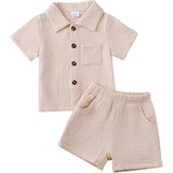 Baby Boy Cotton-Linen Solid Color Textured Fabric Lapel Collar Short-Sleeve Top Elastic Waist Shorts Set