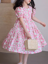 A Pink Floral Print Princess Dress with Short Sleeves, Perfect for Summer Outings And Parties