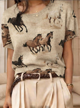 Retro Short-Sleeve Sweater Contrast-Color Jacquard Knit Top