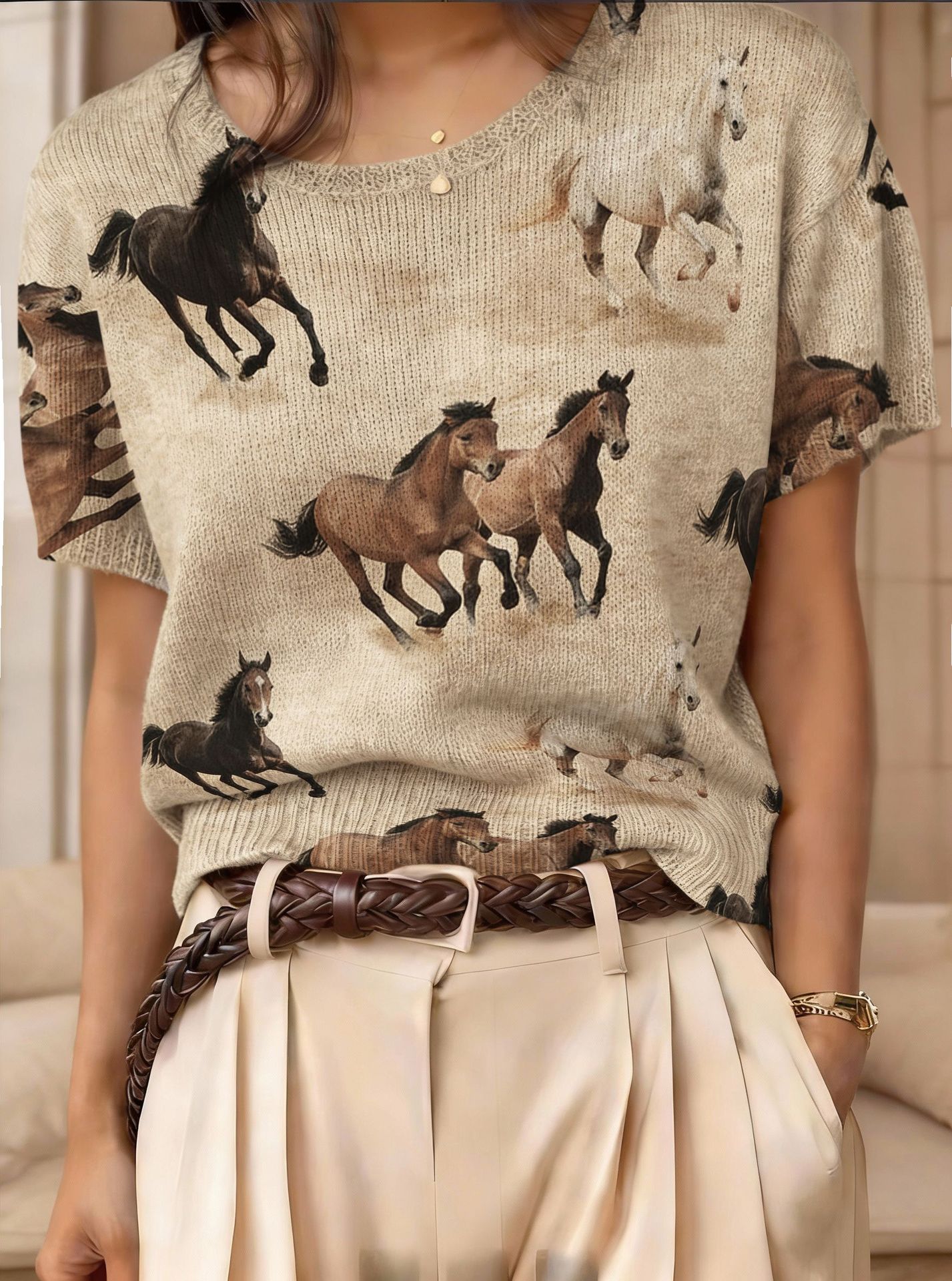 Retro Short-Sleeve Sweater Contrast-Color Jacquard Knit Top