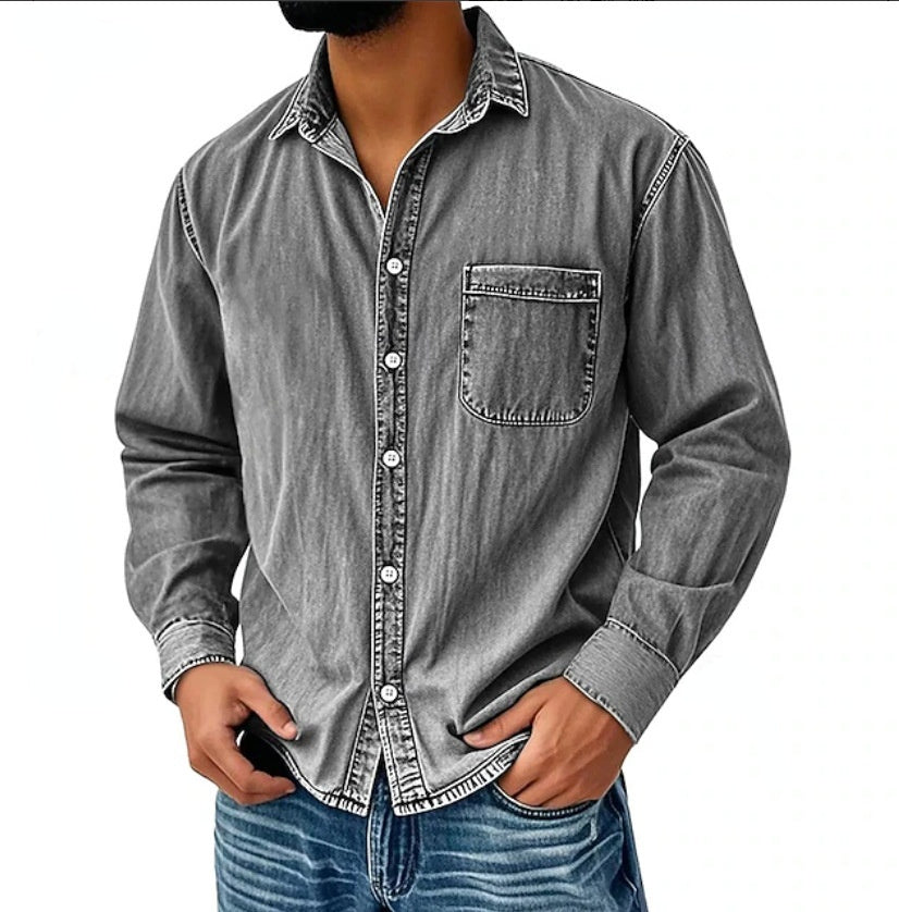 Mens Denim Long-sleeve Shirt Washed Long-sleeve Top