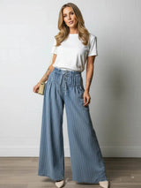 Womens Pleated Mid-Waist Lace-Up Loose Wide-Leg Denim Jeans