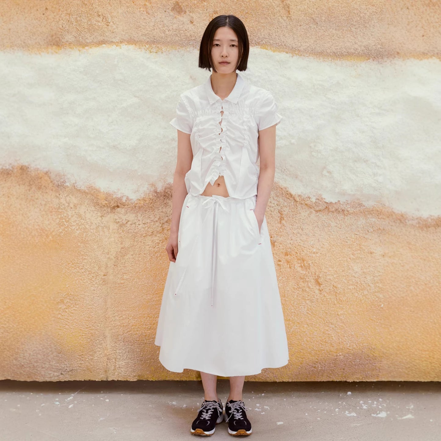Ruffled Slim-fit Pleated Short-sleeve Top With Drawstring A-line Skirt