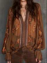 Caramel Vintage Floral Chiffon Shirt