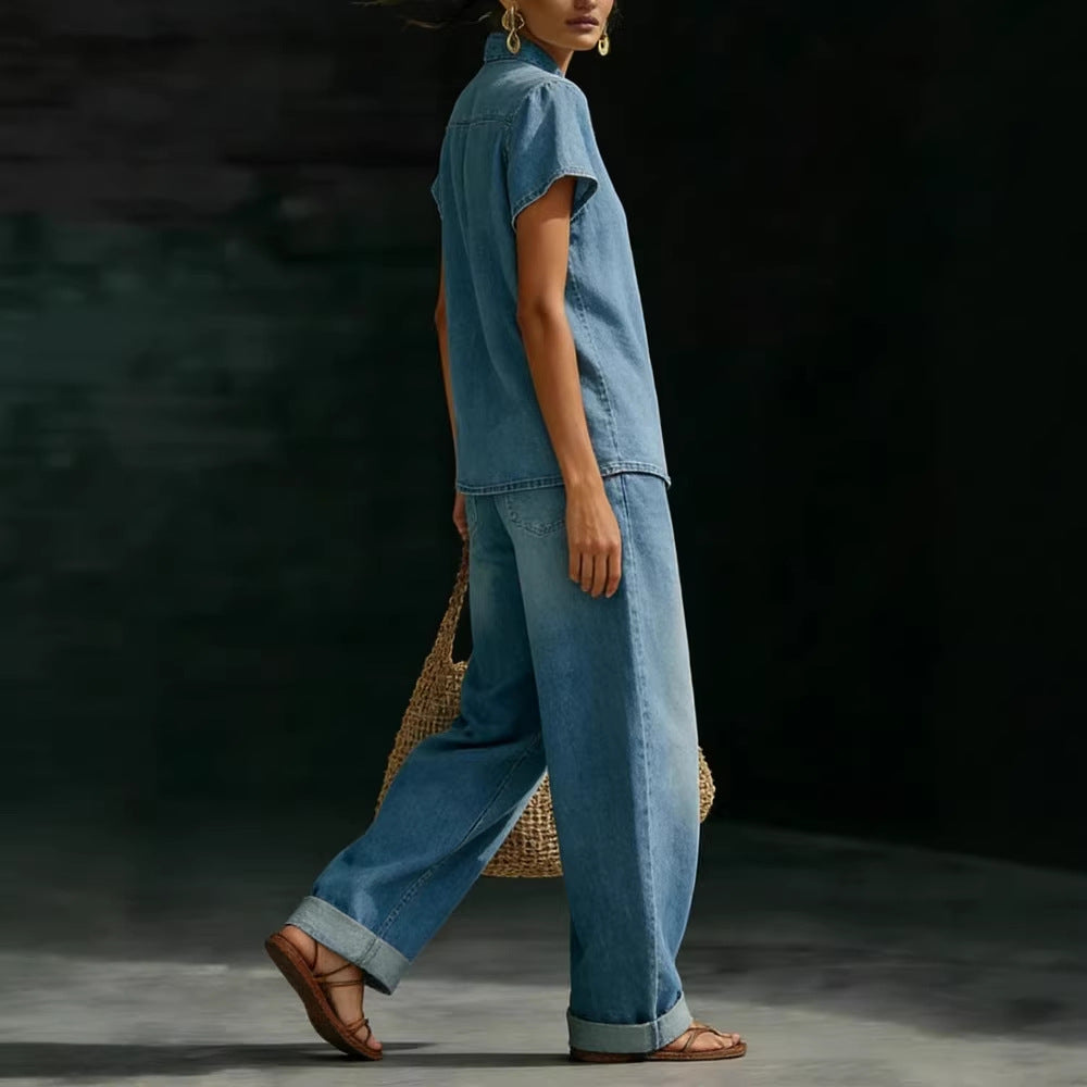 Solid-color Short-sleeve Casual Loose-fit Faux Denim Two-piece Set