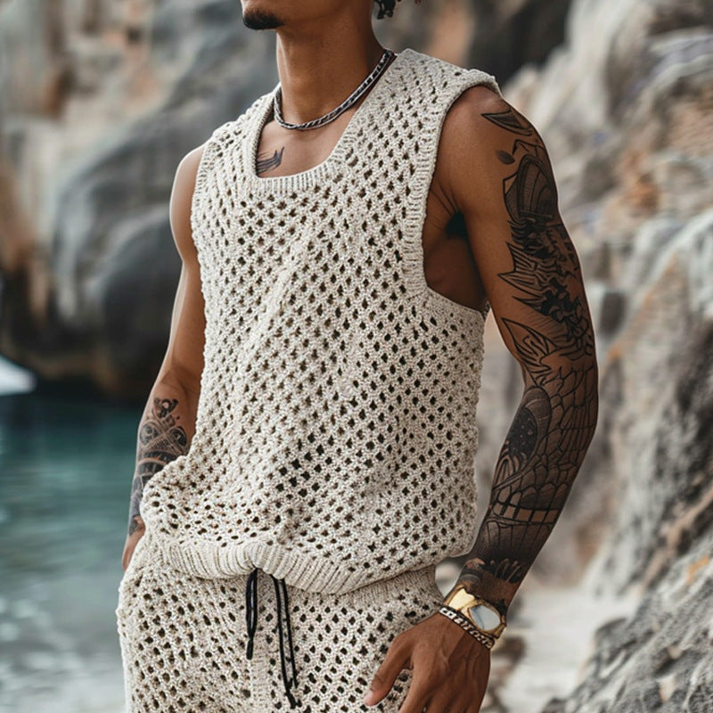 Summer New Casual Vertical Stripe Knitted Suit-Fit Slim Fit Turn-Down Collar Short Sleeve Button-Up Shirt Shorts Men's Summer Wear