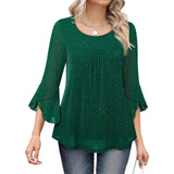 Summer Ruched Flare Sleeve Crew Neck Mesh Top Shirt