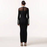Elegant High Neck Long Sleeve Fitted Sequined Dress for Women