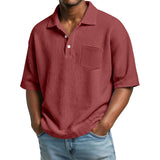 Men's Waffle-Weave Solid Color Short-Sleeve Lapel Polo Shirt