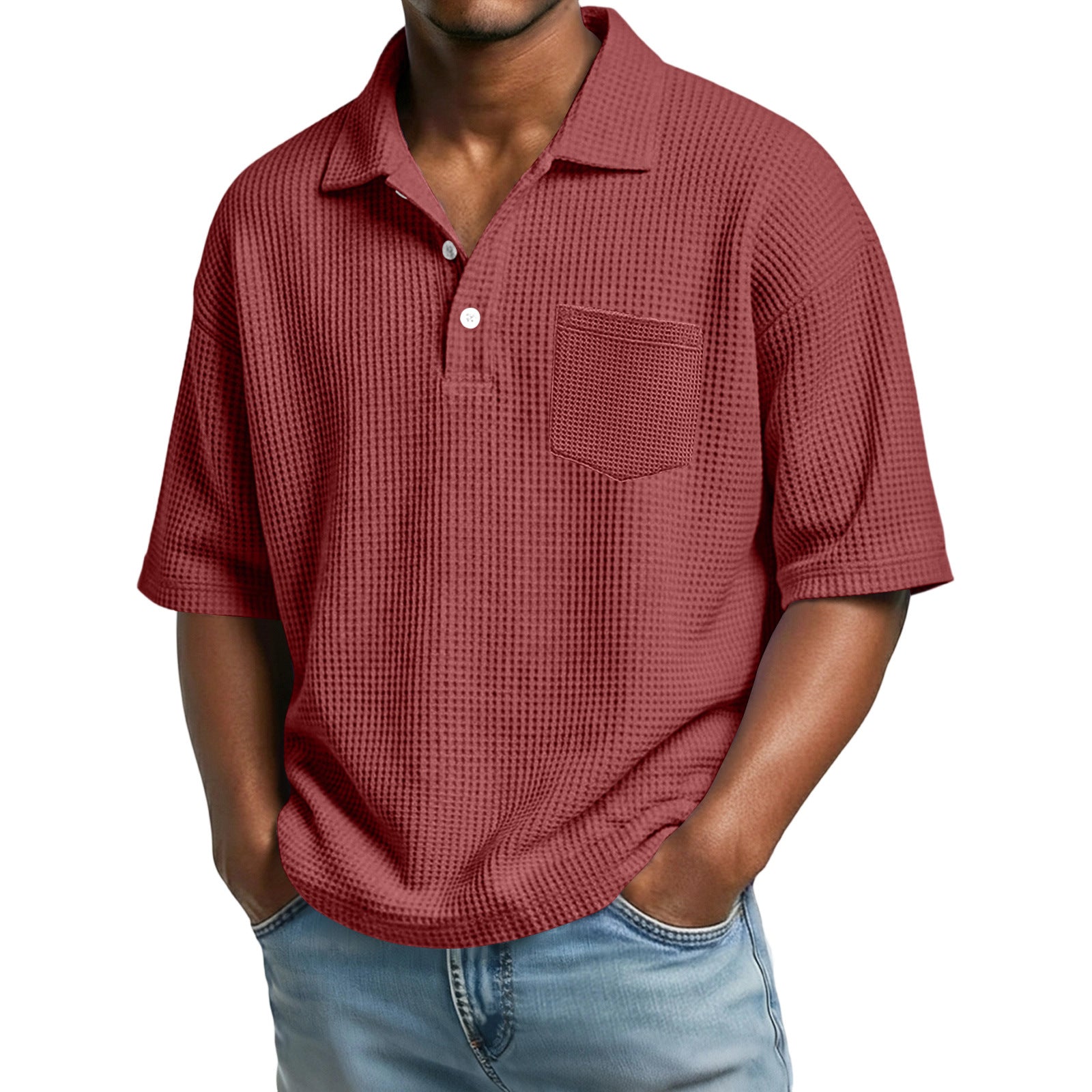 Men's Waffle-Weave Solid Color Short-Sleeve Lapel Polo Shirt